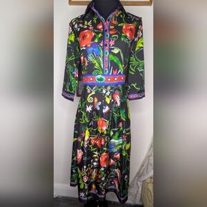 Women's Feiinvan Black Floral Collared Dress 3/4 Sleeve Half Button Side Zip